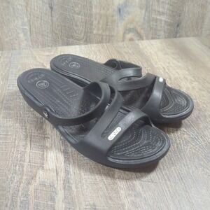 Crocs Womens Sandals Size 7 Patricia Black Low Wedge Strappy Comfort Slides